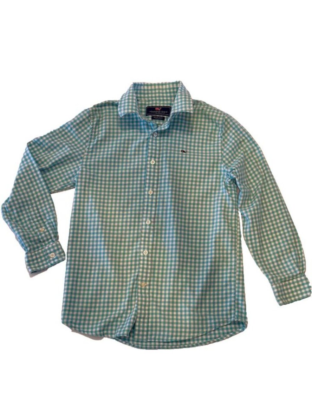 Vineyard Vines Boys Aqua Gingham Button Down l/s Whale Shirt Size M 12-14